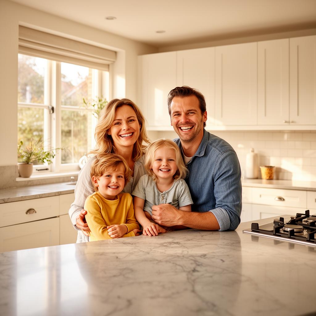 Blij gezin in moderne keuken met zacht leidingwater